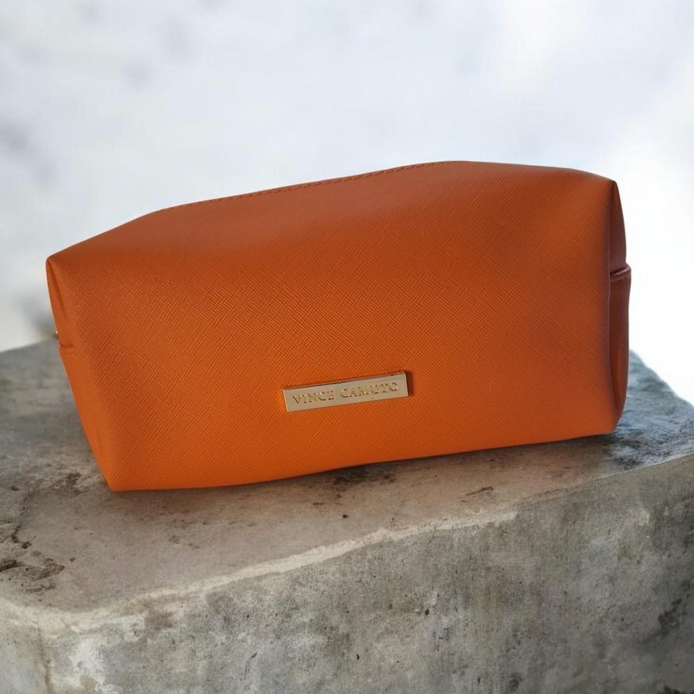 Womens Vince Camuto make up bag orange textured gold logo make up bag
